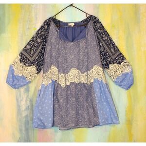 Blue White Bandana Print Dress OVERSIZE Peasant Prairie Crochet‎ Sleeve bust 40